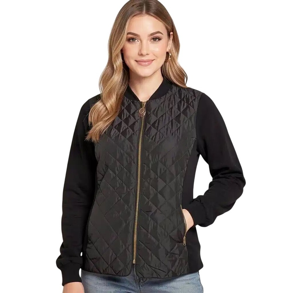 Anne Klein $139 Women Black Quilted Mixed Media Full Zip Bomber Jacket MD NWT